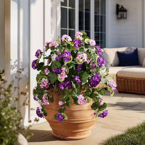 Artificial Geranium Flowers for Outdoor 2 Pcs Artificial Pink Flower Fake Flowers with Stems Silk Realistic Look Real Floral Arrangement for Front Door Porch Planter Patio Balcony (2 Pcs Purple+Pink) - color: 2 Pcs Purple+pink