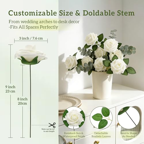 50Pcs Artificial Flowers Foam Fake Roses Ivory White with Stems,for DIY Wedding Bouquets White Bridal Shower Centerpieces Arrangements Party Tables Decorations and Home Decorations - color: 50-ivory