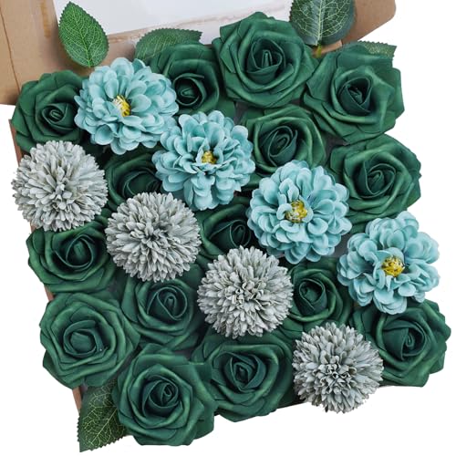Artificial Flowers Combo Set Blue Green Dahlia Roses DIY Wedding Decor | Silk artificial flowers arrangement set for home decor crafts reusable party bouquets DIY wedding table and event decorations - color: Blue Green, size: The Minimalist
