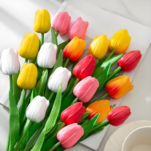 PU Real Touch Tulips Artificial Flowers 20Pcs Fake Flowers Arrangement Bouquet for Home Office Wedding Decoration (Multicolor) - color: Multi Color