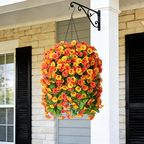 INXUGAO Artificial Flowers with Hanging Basket, Outdoor Faux Plants Silk Morning Glory Vines, Fake Green Arrangement for Garden Patio Spring Summer Decor(4pcs,Orange) - color: Orange