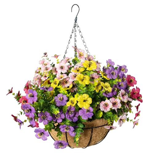 Artificial Hanging Flowers for Outdoors with Basket,UV Resistant Realistic Faux Hanging Plants Outdoor Artificial Flowers for Outdoors Basket for Yard Porch Patio Garden Home Decor,12 Bundles Mix - color: Purple+pink+yellow+rose Red