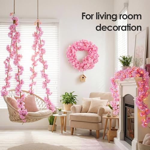 4 PCS Cherry Blossom Garland Artificial Silk Flower Vine Hanging Floral Decor for Wedding Arch Party Home Garden Wall Decoration (Pink) - size: 70in-4pcs-Pink
