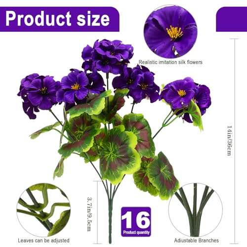 lovemoon 16 Pcs Artificial Geranium Plant Realistic Purple Silk Flowers for Outside UV Resistant Faux Geraniums Flowers for Indoor Outdoor Home Garden Office Decoration (16, Purple) - color: Purple