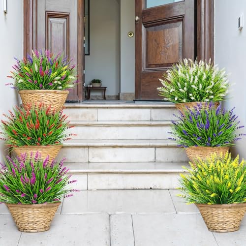 Bassion Artificial Flowers for Outdoors, 24 Bundles Fake Lavender Flowers UV Resistant Red Plastic Plants Faux Monkey Grass for Home Porch Garden Window Box Indoor Outdoor Decorations - color: Red, size: 24 Bundles