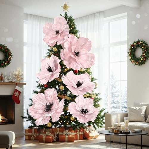 Janinka 6 Pcs Extra Large Wedding Flowers 22'' 12'' Pink Magnolia Artificial Flowers Velvet Wedding Tree Decoration Large Xmas Artificial Poinsettia Ornaments for Xmas Tree Wreath Garland - color: Pink, style: Stylish