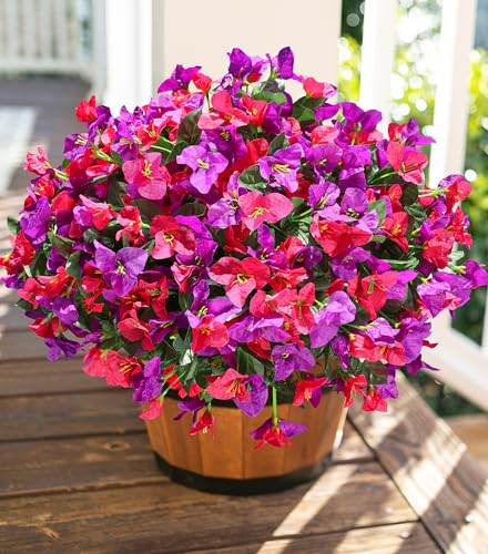 Ivydale Artificial Flowers for Outdoors Fake Bougainvillea Spring Summer Outside Decor, 4 Bundles UV Resistant Faux Flowers for Outdoor Planters Realistic Silk Plants Patio Porch Window Garden Home - color: Purple+hotpink