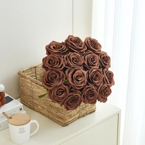 15pcs Fake Roses Artificial Silk Flowers Faux Rose Flower Long Stems Bouquet for Arrangement Wedding Centerpiece Party Home Kitchen Decor - color: 15pcs Chocolate