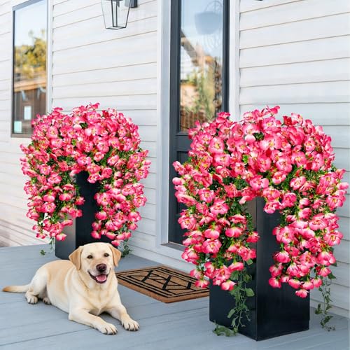 Artificial Hanging Flowers for Outdoors Decor, Fake Silk Hibiscus Long Trailing Vines UV Resistant Realistic Flowers Plants for Outside Front Door Porch Patio Balcony (Pink, 4pcs) - color: Pink, size: 4 pcs