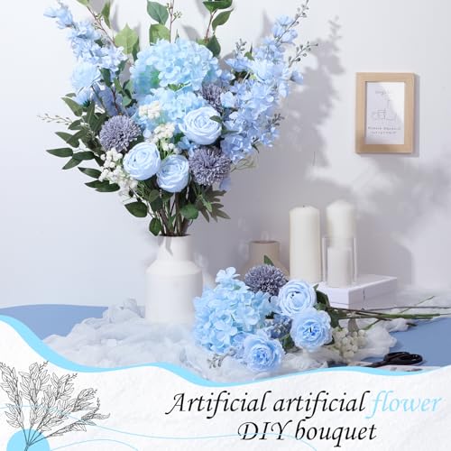 Suncalla 36 Pcs Blue Artificial Flowers Bouquet Set 8 Kind Faux Delphinium Rose Peony Chrysanthemum Hydrangea Baby's Breath Florals with Greenery Long Stem for Wedding Table Vase Decor - color: Blue