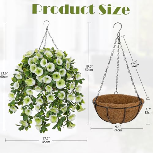Oairse Artificial Morning Glory Flowers with Hanging Basket - Faux Morning Glory Vines UV Resistant Plastic Fake Flowers with Basket Plants for Home Porch Patio Balcony Garden Yard Spring Decor Green - color: Green, size: 23.6"