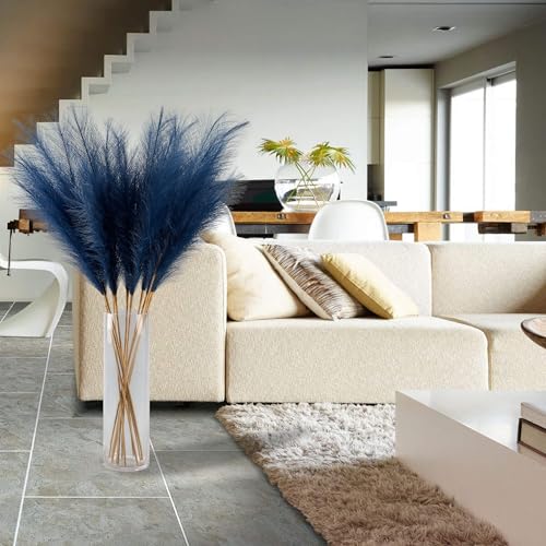12 Pcs Navy Blue Faux Pampas Grass Decor 38"/3.1FT Tall Fake Pompas Floral Large Artificial Pompous Grass Branches Plants for Floor Vase Filler Home Boho Decoration - color: Navy Blue