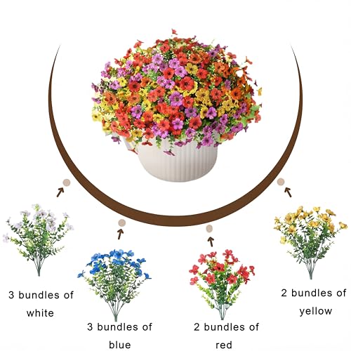 Artificial Flowers for Outdoors - UV Resistant & Fade-Resistant Fake Flowers, 10 Bundles Waterproof Faux Flowers for Garden, Yard, Patio, Wedding & Home Decor (White.Blue.Red.Yellow) - color: White Blue Yellow Red