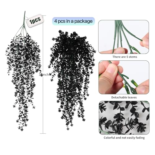 SJL Black Hanging Flowers Fake Hanging Plants Artificial Black Faux Flowers Outdoor Plastic Faux Ivy Plants UV Resistant Fake Eucalyptus Vine for Halloween Indoor Witchy Home Party Gothic Decor 4Pcs - color: Black