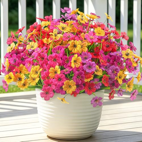 Ammyoo 24 Pcs Artificial Fake Flowers for Outdoor Spring Decoration, Faux Flowers No Fade UV Resistant Silk Flower Plants for Outside Garden Yard Porch Patio Balcony Indoor Decor(5 Colors) - color: Mix（red, Purple, Yellow, Rose Red, Fuchsia)