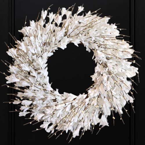 22inch Artificial Forsythia Flower Wreath Spring Summer Fall Wreath Silk Leaves for Front Door Decoration Porch Farmhouse Patio Garden Home Decor (White) - color: White