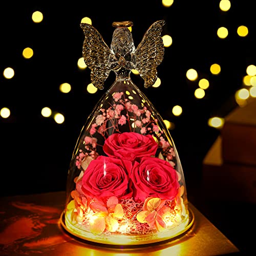 Mothers Day Rose Gifts for Women Preserved Real Flower in Glass Angel Figurines Roses for Delivery Prime Birthday Gifts for Mom Grandma Girlfriend Wife Her - Hot Pink - color: Hot Pink