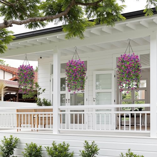 Artificial Hanging Fake Flowers Plants Spring Summer Decoration for Outdoor, 4PCS Faux Silk Daisy UV Resistant for Outside Realistic plastic Flowers Home Porch Patio Balcony Yard Decor(Double Purple) - color: Doublepurple