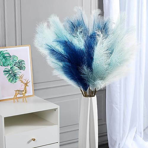 KALYLOC 9Pcs 3FT Colorful Faux Pampas Grass for Boho Decor, Non-Shedding Fluffy Artificial Bulrush, Tall Reed Fluffy Stems Vase Filler Living Room Wedding Decoration (Dark Blue) - color: Dark Blue
