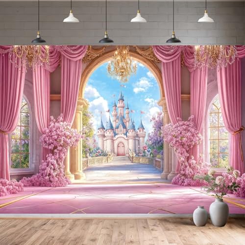5X3ft Princess Castle Backdrop Pink Fairy Tale Wonderland Floral Arch Girls Birthday Party Wedding Baby Shower Banner Studio Photo Booth Kids Photoshoot Wall Decor Banner - color: Multi1, size: 5X3FT