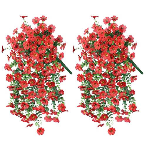 INSPRING Artificial Faux Outdoor Outside Flowers Plants, 2 PCS Fake Silk UV Resistant Look Real Red Daisy Trailing Vines for Front Door Porch Planter Urn Patio Balcony Decoration - color: Red