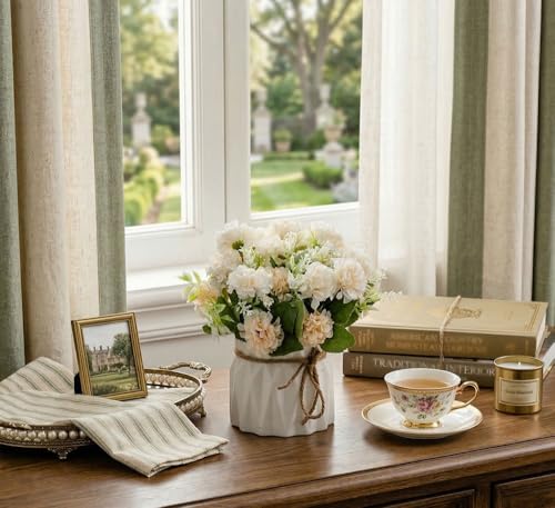 TKAS Fake Flowers Arrangement in Ceramic Vase, Artificial Faux Silk Hydrangea, Small Realistic Dried-Style Floral, Dining Table Centerpiece for Wedding Party Home Decoration (White) - color: White