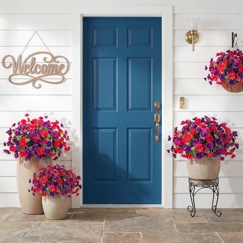 Artificial Flowers for Outdoors, 6 Bundles Silk Fake Hibiscus Flowers for Spring Summer Decoration, UV Resistant Fake Plants Plastic Bouquet for Home Planter Porch Patio Yard Decor(Red Purple) - color: Red,purple