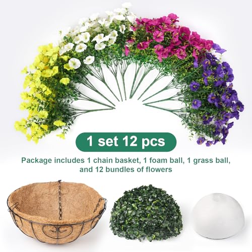 Artificial Hanging Flowers with Basket for Outdoors, UV Resistant Faux Silk Morning Glory with Eucalyptus Realistic Fake Hanging Plants for Spring Summer Outside Decor (Mixed Colors) - color: 4 Colors