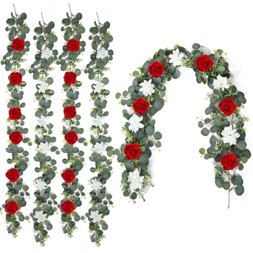4 Pack Wedding Garland Set, Red Rose & White Dahlia Hanging Flower Vines for Wedding Arch, Backdrop, Mantel, Home Decor (5.91ft) - color: Red White