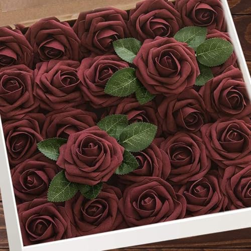 Higfra Artificial Flowers 50 Stems Realistic Roses - Lifelike Fake Flowers for Wedding Bouquets, Baby Shower Decor, Home Centerpieces, DIY Floral Arrangements (Burgundy, 50pcs) - color: Burgundy, size: 50Pcs