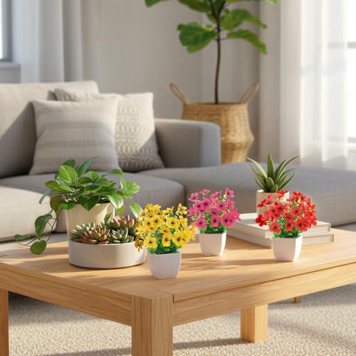 CEWOR Fake Plants 4 Packs Small Faux Potted Flower Daisy with Eucalyptus Leaves Decorations for Desk Bathroom Office Home Room Table Decor Indoor Outdoor - color: Daisy Red Rose Yellow Purple