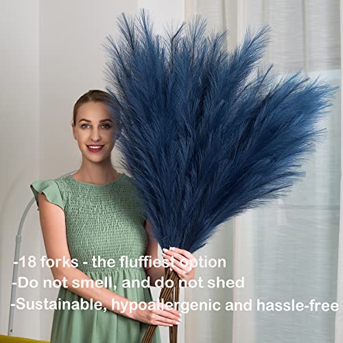 Faux Pampas Grass 6 Stems, Artificial Pampas Grass - 43 inch Total Extra Large Pompass Grass Tall Pompous Boho Flower Arrangement and Floor Vase Filler Home Decor for Room Wedding Party (Blue) - color: Blue