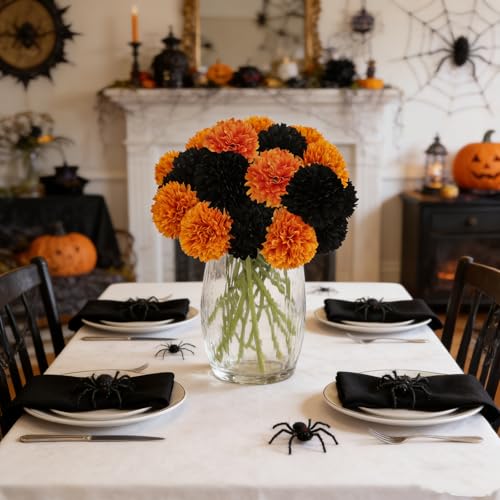 Kimura's Cabin 20Pcs Faux Mums Flowers Fake Chrysanthemum Artificial Silk Ball Flowers for Halloween Garden Home Kitchen Table DIY Decoration Center Fall Bouquets (Orange Black) - color: Orange Black
