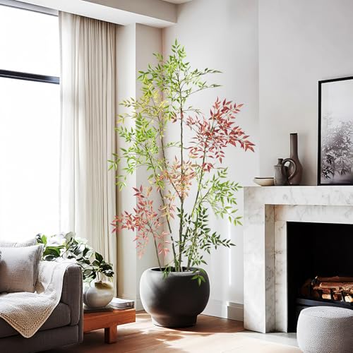 6.5ft Faux Bamboo Tree Artificial Nandina Tree Artificial Indoor Plants Realistic Fake Potted Tree with 800+ Leaves, Cement Planter - Home Office Decor Perfect for Housewarming Gift Non-Toxic - color: Mixcolor, size: 6ft 6in