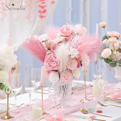 Serwalin 60 Pcs Pampas Grass, 17.7" Pink Pampas Grass Decor, Faux Pampas Grass Home Decoration Wall Decor Vase Filler for Wedding Centerpieces Party Decorations, Pink Valentines Decor - color: A Abby Pink