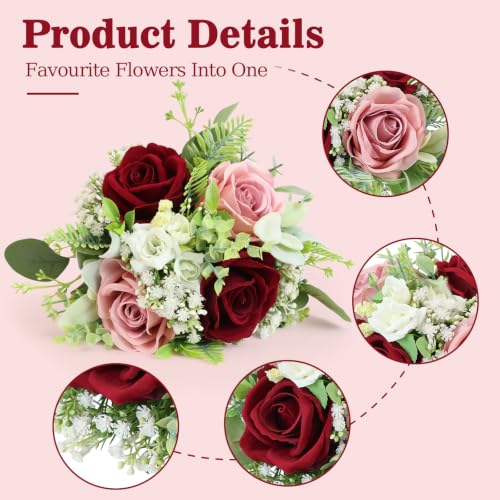 Blush & Burgundy Bridesmaids Bouquets Set of 6-7 Inch Artificial Flowers Bridesmaid Bouquet for Wedding Pre-Made Rustic Rose Small Floral Bouquets for Bridal Shower Marriage Proposal Party Anniversary - color: Blush & Burgundy, size: 6pcs
