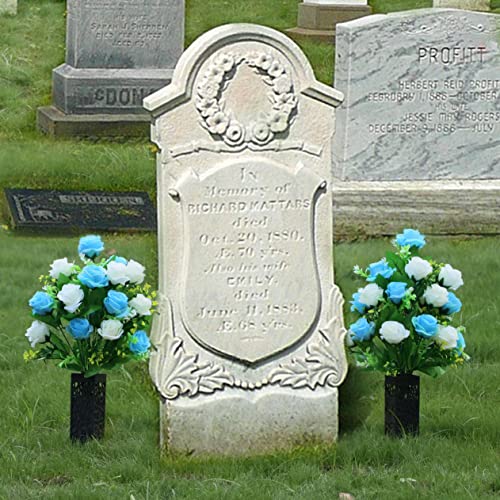 LVXINLI 2 Sets Artificial Cemetery Flowers,Memorial Flowers,Beautiful Arrangements for Headstones,Black Plastic vase with Drainage Hole Long Spikes Outdoor Memorials (Blue and White)… - color: Blue and White