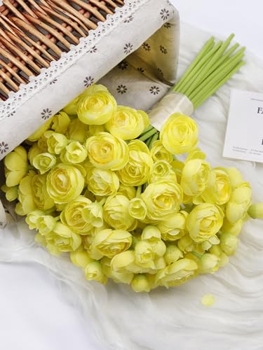 32Pcs Ranunculus Artificial Flowers, Yellow Fake Peonies, Real Touch Silk Faux Mini Ranunculus Filler Flowers Bulk for DIY Wedding Bouquet, Vase Centerpieces, Bridal Shower Decor - color: Yellow