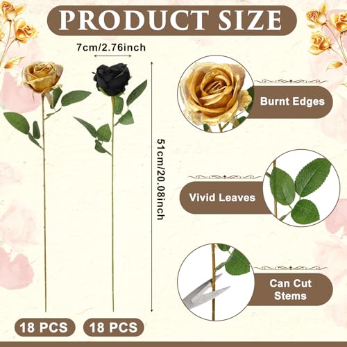 36 Pcs Silk Black Gold Rose Bouquet Bridal Artificial Flowers,Fake Rose Long Stem Realistic Flowers Bulk for Wedding Bouquet Ball Arrangement Centerpiece Party Decor - color: Black, Gold