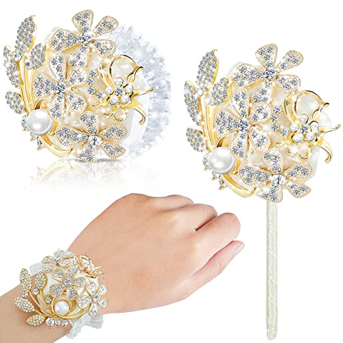 Yunsailing 2 Pcs Rhinestone Wrist Corsage and Boutonniere Set - Artificial Flower Corsage Wristlet for Wedding Prom Homecoming Bridesmaid Bridal Shower Anniversary Formal Event(Gold Ivory,Pearl) - color: Gold Ivory, style: Pearl
