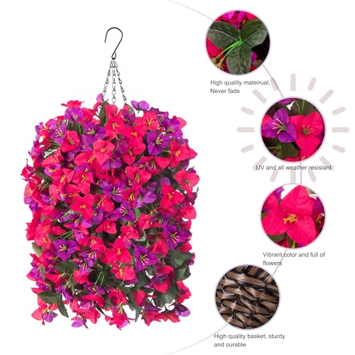 Artificial Bougainvillea Faux Flowers Plants Baskets for Outdoor Outside Decoration, 3PCS Fake Silk Flowers Long Trailing Vines UV Resistant Realistic for Front Door Porch Patio (PurpleHotpink) - color: Purplehotpink