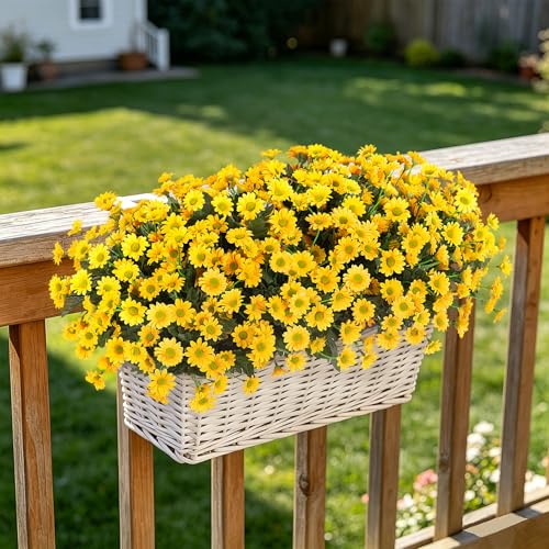 Ammyoo Fake Mums Artificial Flowers for Outdoor Decoration, 6 Bundles Faux Silk Daisy Flowers Realistic UV Resistant No Fade Fake Plants for Home Patio Porch Garden Window Box Decor(Yellow) - color: Yellow