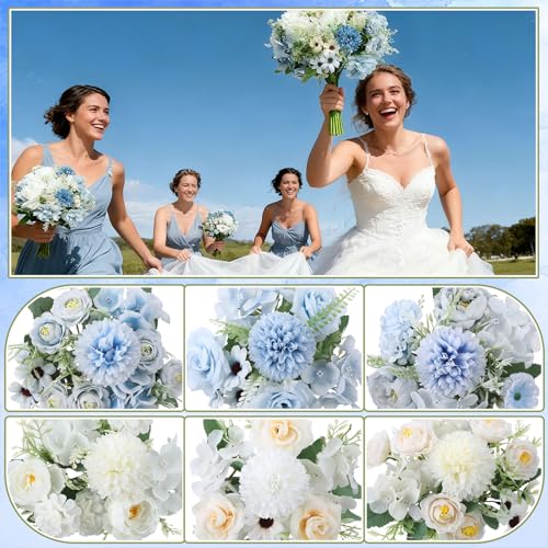Tigeen 6 Bundles Artificial Bouquet Flowers Artificial Peonies Faux Roses Hydrangea Flowers Bouquet for Wedding Table Centerpiece Floral Vase Decor (White,Blue) - color: White,blue