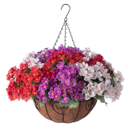 Artificial Fake Hanging Plants Flowers Basket for Spring Outdoor Decoration, Faux Silk Daisy UV Resistant Look Real with Eucalyptus Leaves Summer Decor for Home Patio Garden Outside(Red Purple White) - color: Red Purple White