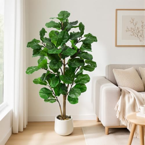 Faux Fiddle Leaf Fig Tree 5ft Tall Indoor Fake Tree in White Pot with 70 Leaves Artificial Ficus Lyrata House Plant for Indoor Home Office Bedroom Living Room Decor Perfect Housewarming Gift - color: Fiddle Leaf Fig 5ft