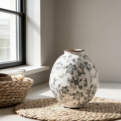 5.83 Inch Vintage Gray Chinoiserie Floral Vase, Antique Rustic Ceramic Vase for Home Decor, Living Room, Bookshelf, Office, Entryway, Garden, Chinoiserie Decor, Tuscan Decor - color: Gray Chinoiserie Floral- 5.83"