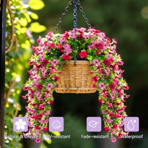 CCILAND 2 PCS Artificial Hanging Flowers for Outdoors, Fake Flower Plants UV Resistant Faux Hanging Spring Flowers for Home Porch Garden Patio Yard (Double Pink) - color: Double Pink