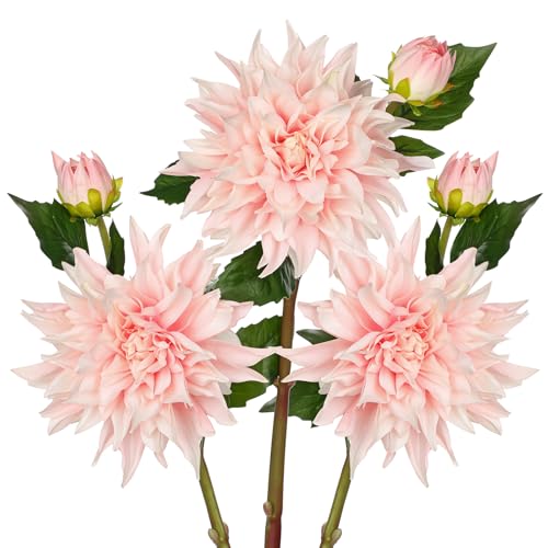 Artificial Dahlia Flowers – Set of 3 | 27.9" Tall Real-Touch Silk Dahlia Stems with Large 6.1" Blooms | Lifelike Soft Pink Faux Flowers for Home Decor, Wedding, Centerpieces & Floral Arrangements - color: Soft Pink
