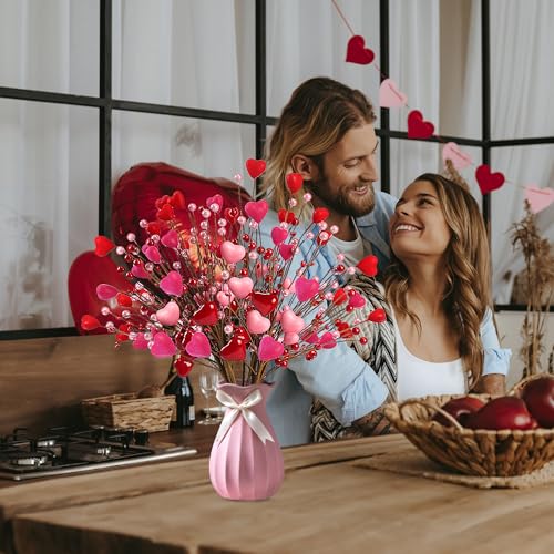 Valentine’s Day Gifts 12 Pcs Heart Shaped Berry Picks Artificial Red Heart Pearl Berry Twig Stem Branches with Red Pink Fluffy for Valentine’s Day Anniversary Flower Bouquets Wedding Home Decor - color: Red and Pink