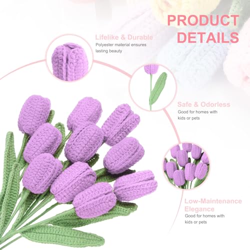 MECCANIXITY Tulip Crochet Flowers, Artificial Knitted Tulip Flower Completed Handmade Tulips Bouquet for Gift Home Birthday Wedding Decoration, Purple Pack of 10 - color: Purple